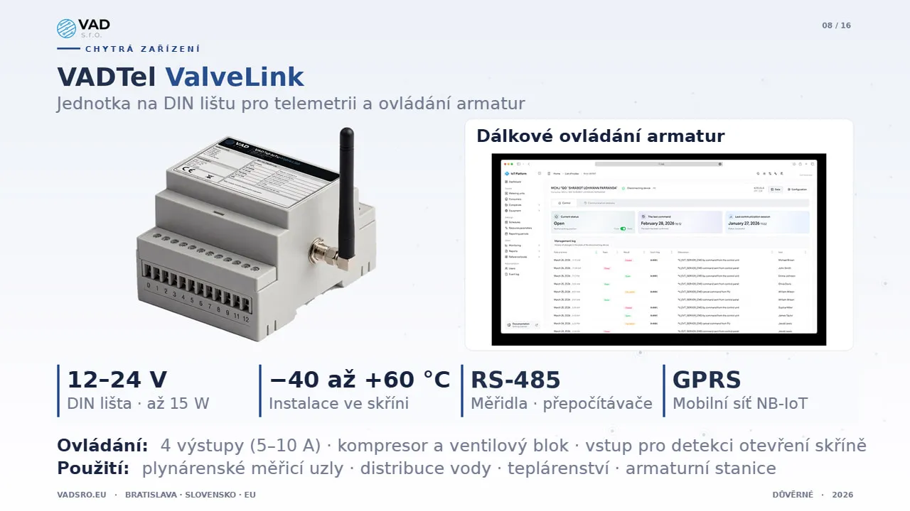 VADTel-ValveLink – jednotka na DIN lištu pro telemetrii a ovládání armatur ve vodárenských skříních
