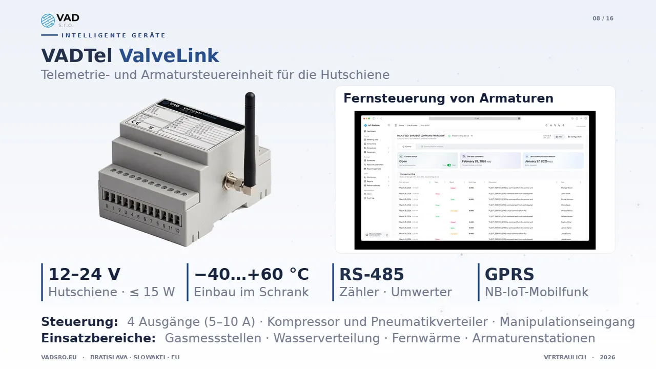 VADTel-ValveLink – Telemetrie- und Armatursteuereinheit für die Hutschiene in Wasser-Messschränken