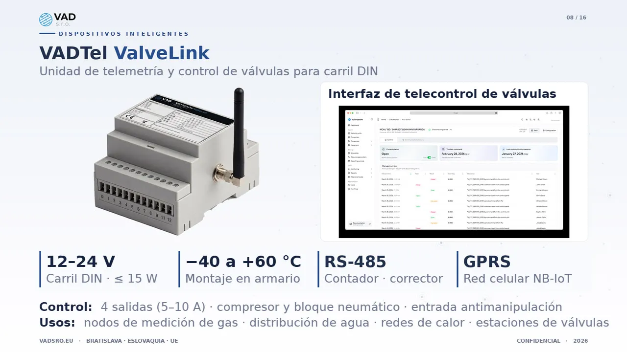 VADTel-ValveLink – unidad de telemetría y control de válvulas para carril DIN en armarios de agua
