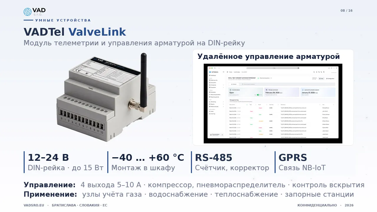 VADTel-ValveLink — модуль телеметрии и управления арматурой на DIN-рейку для шкафов учёта воды