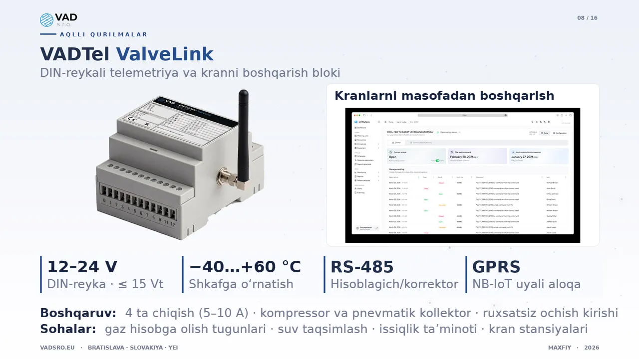 VADTel-ValveLink – suv shkaflari uchun DIN-reykali telemetriya va kranni boshqarish bloki