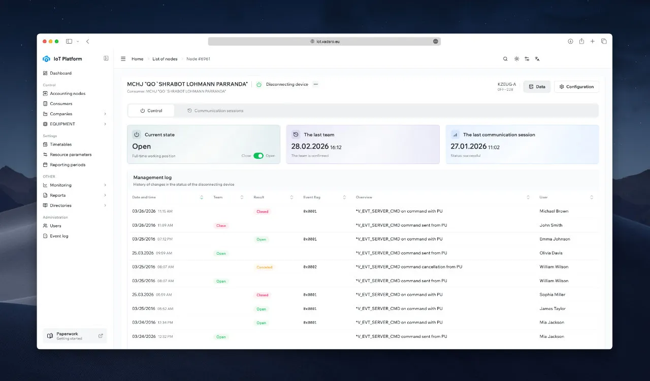 Remote shutoff control — command log with full audit trail