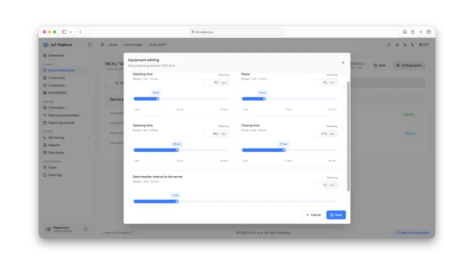 Metering unit archive report with sidebar navigation